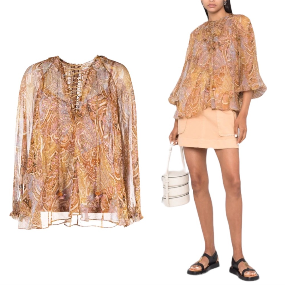 Zimmermann Sheer Paisley Tie-Neck Blouse in Gold and Peach